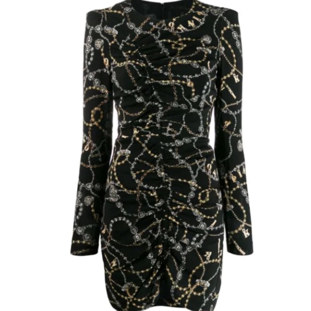 PINKO Chain Print Rushed Long-sleeve Dress - NWT